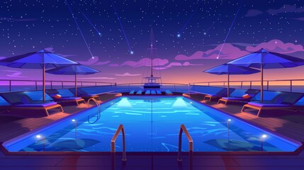 Wall Mural - Luxury sailboat in sea or ocean, empty ship deck with sun loungers, umbrellas, and illumination. Swimming pool on cruise liner at night. Modern illustration of passenger vessel under starry skies.