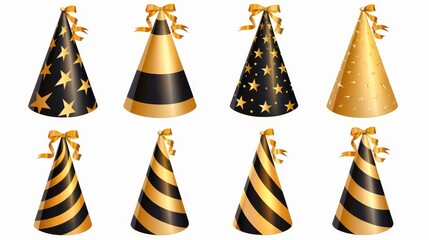 Wall Mural - Set of funny cone head caps with gold ribbons for holidays and festive isolated on white background. Modern realistic collection of party hats with gold and black stripes, dots and stars.