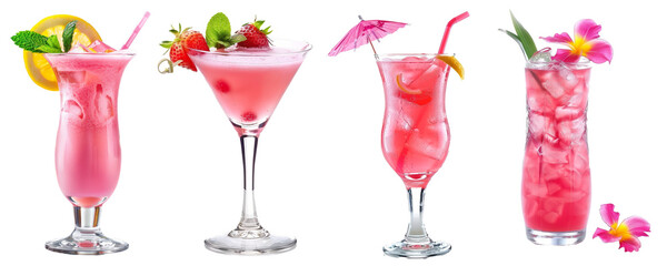 Variety of pink cocktails on transparent background, refreshing summer drinks