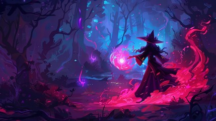 Mystic girl in night forest with magic banner