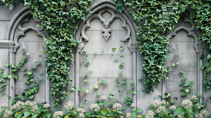 Wall Mural - Embraced by vines with leaves, ivy covers an antique building's facade