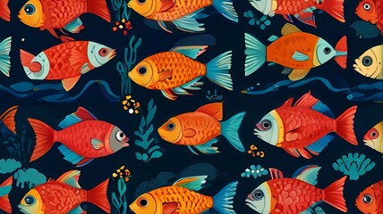 Seamless pattern with tropical fish. Watercolor illustration with hand drawn aquarium exotic fish on white background.