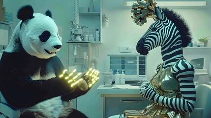 Wall Mural - Panda Doctor Provides Medical Consultation to Zebra Cheerleader Patient in Surreal Setting Generative ai