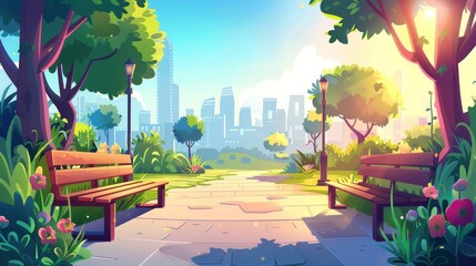 Sticker - A city park with bench in a sunset cityscape. A landscape landscape with green trees and a lawn for walking.