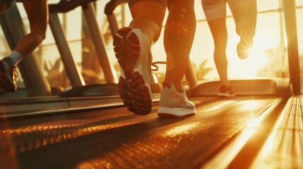 An athletic couple running on treadmills, doing fitness exercise. Strong people exercising in modern gyms. A low ground shot focusing on their legs.