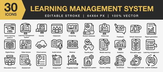 Set of 30 Learning management system icon set. Editable Stroke Icon Collection. Includes classroom, course, webinar, assessment, quiz and More. Outline icons vector collection.