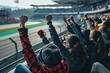 A group of spectators are cheering for their favorite driver during a race at a grandstand. The spectators wearing team colors The photo convey a sense of excitement, anticipation, or support.