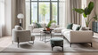 Uma sala de estar contemporânea com uma mistura de móveis elegantes e minimalistas em tons neutros, complementados por detalhes suaves em verde e azul pastel.