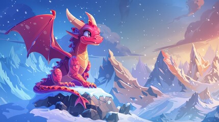 Wall Mural - The winter dragon sits on a rock overlooking the snowy mountains with a magical creature observing its territory. A fairy tale character observing the territory. This is a modern illustration of a