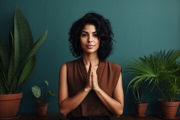Canvas Print - Portrait of a content indian woman in her 30s joining palms in a gesture of gratitude isolated on modern minimalist interior