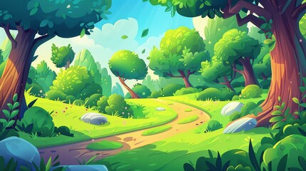 Wall Mural - An illustration of a beautiful woods scene in daylight with a path, green grass, trees, and bushes. Modern cartoon illustration of an idyllic summer forest in daylight.