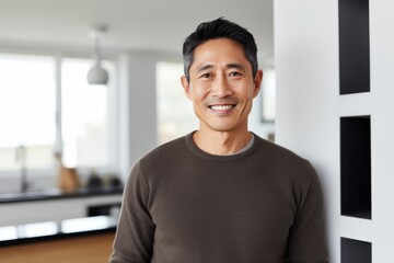 Poster - Portrait of a jovial asian man in his 40s smiling at the camera isolated in modern minimalist interior