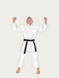 Young karateka raises his hands up sign of victory. Courage and sport concept. Vector cartoon isolated character