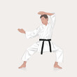 Karateka in a kimono with a black belt doing exercises.  Sport courage concept. Vector illustration design