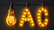 Modern illustration of the light bulb font alphabet. Cartoon sans serif characters inside glowing yellow lamps hang down on wires. Latin letters ABC uppercase, typeface for greeting cards.