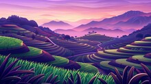 A Landscape Of Asian Rice Fields Facing The Morning Mountains. A Paddy Plantation, Cascade Farm In The Mountain, Water Channel With Plants Growing, Scenery Landscape Meadow With Green Grass, Cartoon