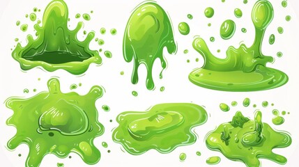 Wall Mural - Illustration of green slime isolated modern set. Liquid toxic ooze blobs, stains, splashes and drips. Sticky goo, jelly, syrup fluid splats, slimy phlegm or snot graphic design elements. Cartoon