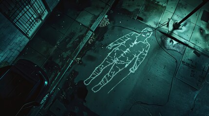 In this shot, a chalk body outline is drawn on the pavement to symbolize a crime scene on a street at night. A forensic scientist investigates a gruesome crime that left three dead.