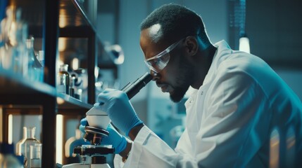 Photograph of a black scientist looking under a microscope and analyzing a Petri dish sample. Professionals conducting research in an advanced scientific laboratory. Side view.