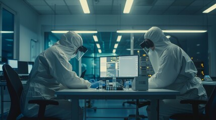 Wall Mural - Researchers in cleanrooms work on computers, inspect motherboard microprocessors with a microscope, and develop medical electronic components