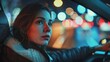 © djmaxx24 - Portrait of a beautiful young woman driving a car on an evening city street, a close up photo with bokeh lights and empty space in the background. Shot on a Canon EOS R5 at F2 and ISO300, in the style