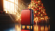 Red hard-shell suitcase standing upright on a smooth floor with a beautifully decorated Christmas tree in the soft-focus background