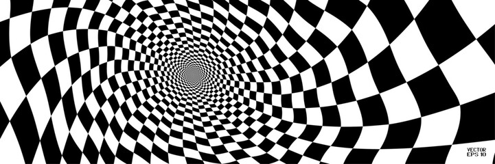 Wall Mural - Abstract Black and White Pattern with Tunnel. Contrasty Optical Psychedelic Illusion. Smooth Checkered Spiral and Chessboard in Perspective. Vector. 3D Illustration