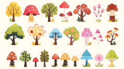 Wall Mural - Diverse Collection of Whimsical Nature with Trees Mushrooms and Flowers