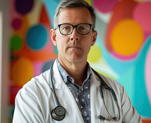 Wall Mural - A serious-looking doctor wearing glasses and a white coat stands in front of a colorful background