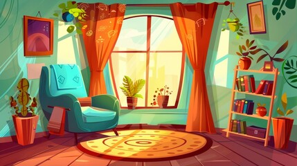 Wall Mural - Living room interior with boho furniture, armchair, cozy sofa, shelf, round rag, hipster style decoration on wall, table, vintage design, Cartoon modern illustration.