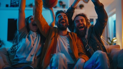 An enthusiast group of friends cheering for their favorite teams on a television while watching a basketball game at home. Three people are watching a game on TV as they watch a game on TV.