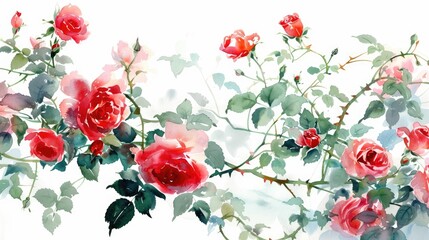 Canvas Print - A captivating botanical illustration capturing the essence of rose bushes in watercolor Bursting with vivid red and pink roses blossoming buds delicate flowers and lush foliage intertwined 