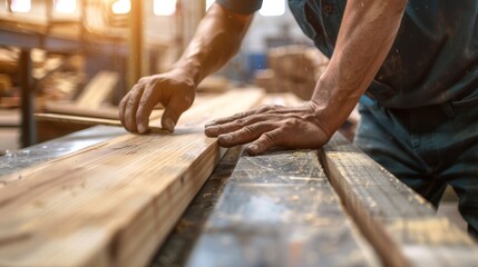 Wall Mural - close up man owner a small furniture business is preparing wood for production. carpenter male is adjust wood to the desired size. architect, designer