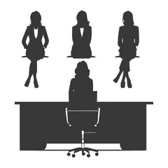 Silhouette news anchor women in action sit in front desk black color only