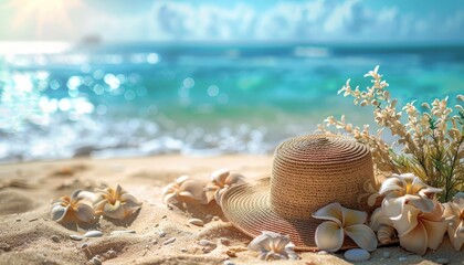 Wall Mural - A beach scene with a straw hat, a flower, and a starfish on the sand by AI generated image