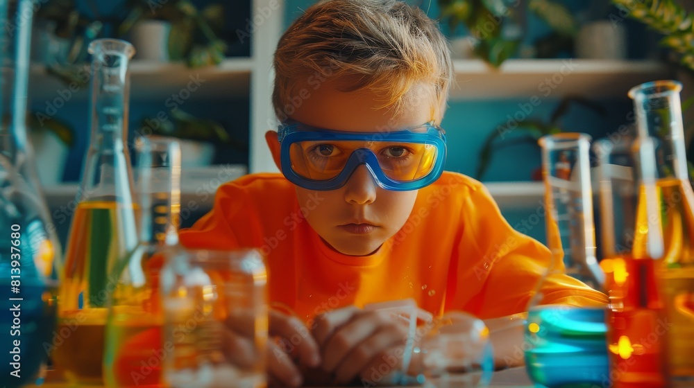At home, a young boy in safety goggles mixes colorful chemicals in ...