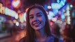 © Антон Сальников - Walking through a night city street full of neon lights and entertainment venues. Beautiful young woman smiling while looking thoughtful and independent during her travels. Close-up portrait.