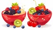 Fruits and berries in red ceramic bowls with oats, healthy fruit cereal with blueberries, raspberries, kiwis, cherries, strawberries and blackberries. Illustration of cartoon organic food.