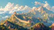 © Premium Graphics - Design an illustration showcasing the majestic beauty and historical significance of the Great Wall of China stretching across rugged landscapes and symbolizing centuries of defense and cultural excha