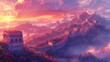 © Premium Graphics - Design an illustration showcasing the majestic beauty and historical significance of the Great Wall of China stretching across rugged landscapes and symbolizing centuries of defense and cultural excha