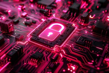 Canvas Print - Neon Pink Security Lock on Black Circuit