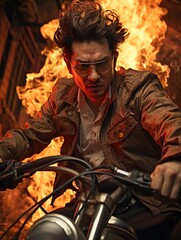 Canvas Print - man on motorcycle in fire