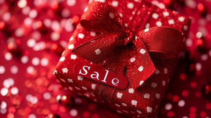 Poster - A red gift box with a sale sign displayed on it, indicating a discount or promotional offer