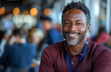 Confident African American businessman smiling in a crowded cafe