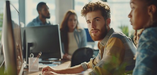 A young male entrepreneur is sitting at his desk in the modern office, discussing business plans on the computer screen while female employee look over his shoulders watching him. generative AI