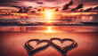A romantic beach scene at sunset featuring two heart shapes drawn into the smooth sand