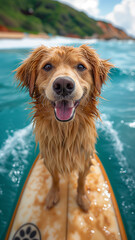 Wall Mural - Dog standing on surfboard in ocean