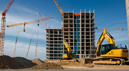 Poster - construction site for a large building in city with blue sky background