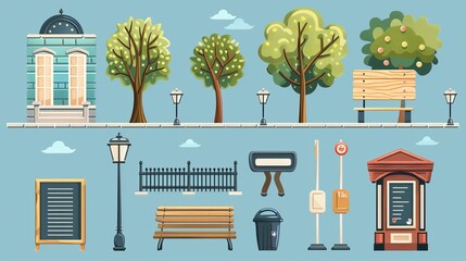 Wall Mural - An isolated set of city elements, street constructor objects. Cartoon houses, street lamps, green trees, clouds, litter bins, benches, fences, chalkboards, menu boards, modern illustration.