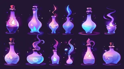 Wall Mural - Potion bottle with puff cloud animation set isolated on white background. Modern cartoon illustration of glass flasks or test tubes with magic blue elixir, explosion, or evaporation gas effect.